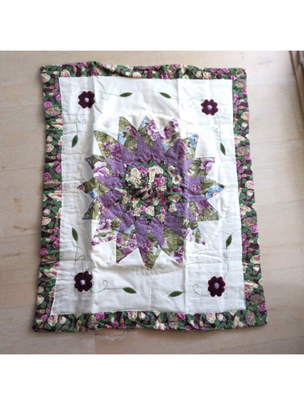 Vintage Floral Dahlia Quilted Pillow Sham 20"x26" Purple Green Patchwork Design